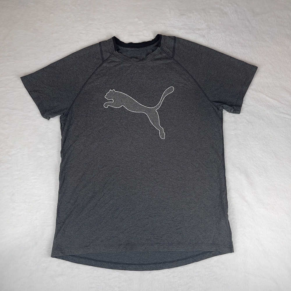 PUMA Tee Shirt Mens Gray Heather Casual Short Sleeve Logo Crew Neck Pullover